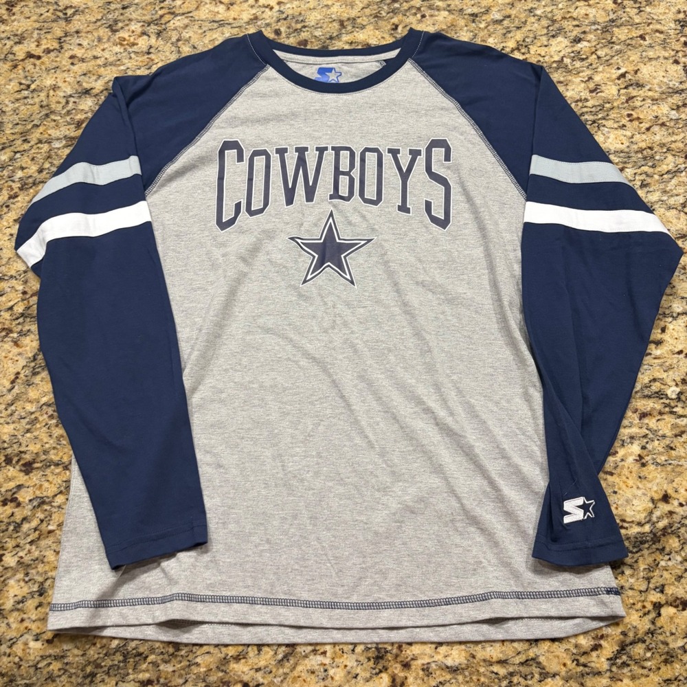 Starter Dallas Cowboys Mens Large Grey Navy Blue Long Sleeve Raglan T-Shirt v